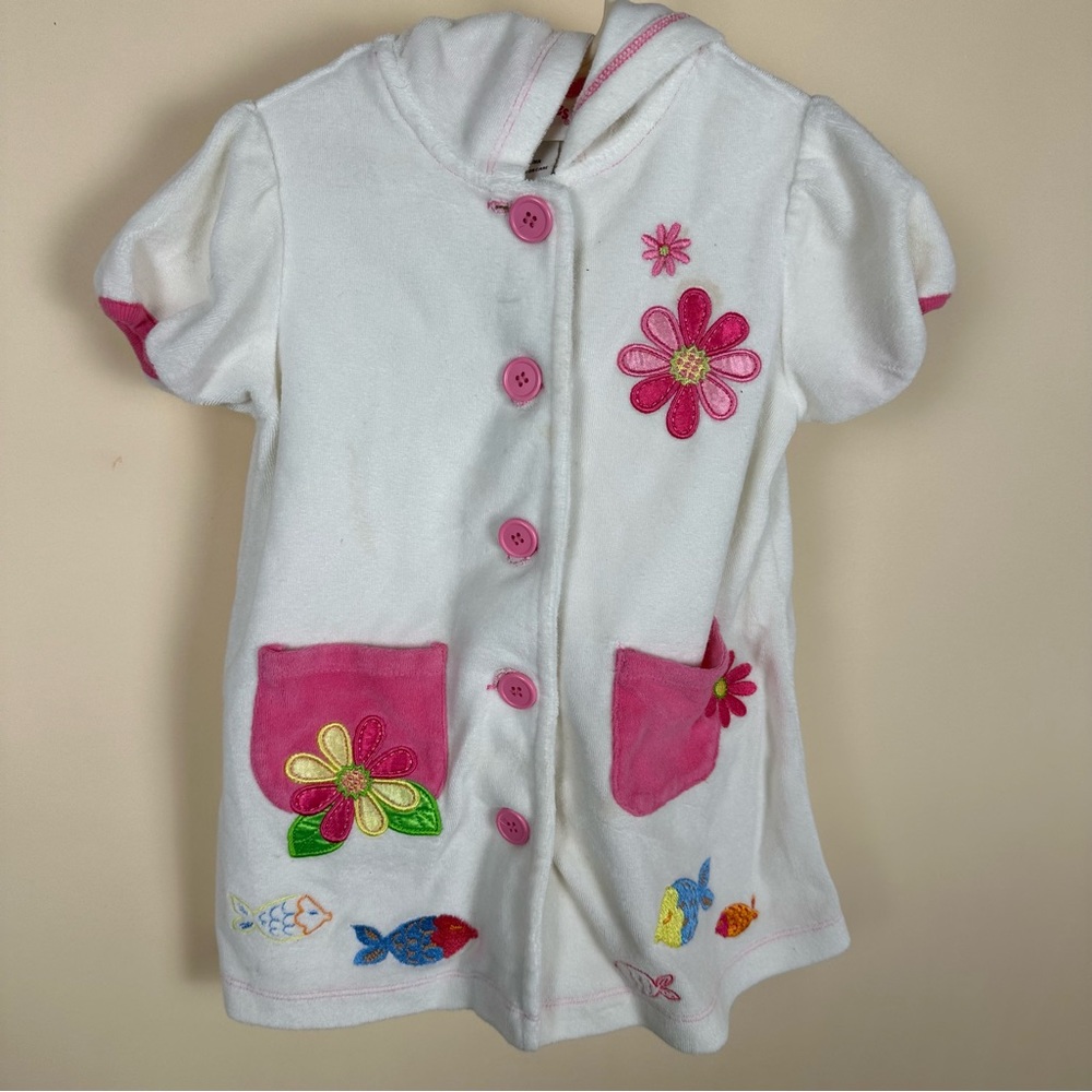 Flapdoodles Swim Coverup, white with flower and fish, size 6